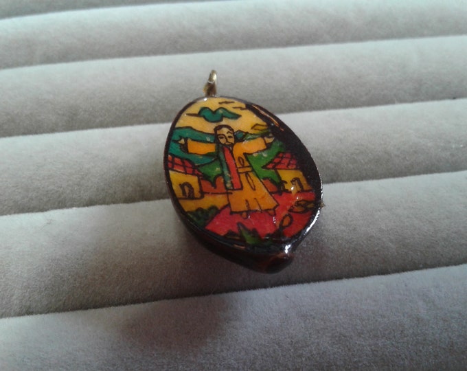 Little Folk Art Handpainted "Nut" Pendant, Scene of Man in Village