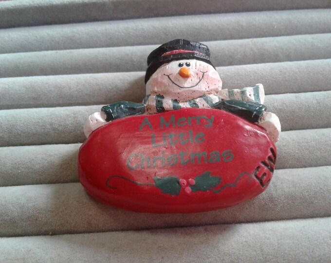 Merry Little Christmas Cast Resin Snowman Brooch, Signed EW