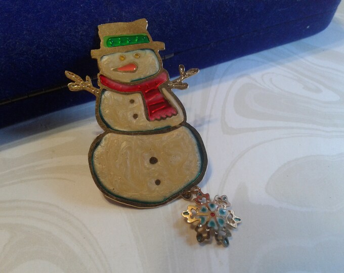 Goldtone Enameled Snowman with Dangling Snowflake, Unidentified Paper Label