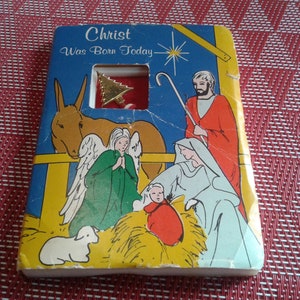 « Carte bijou » vintage pour la Nativité en papier et plastique avec épingle à cheveux dorée