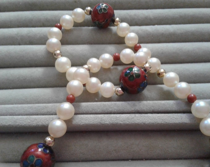 Hobe Faux Pearl and Cloisonne Mid Length Strand, Beaded