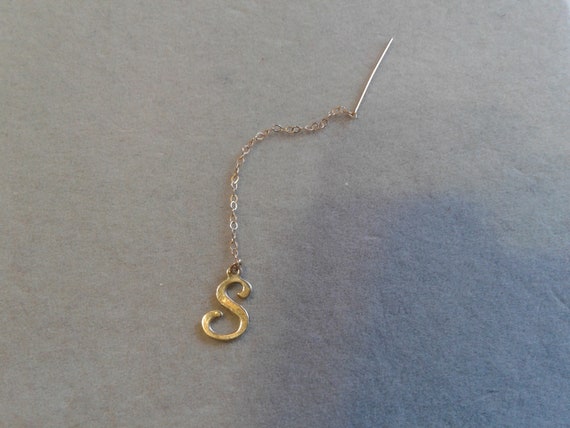 14K Yellow Gold Threaders with Dangling "S" - image 1