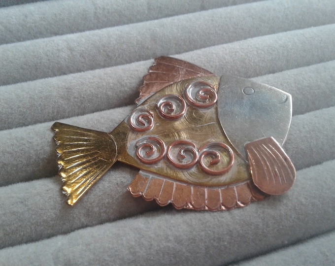 Artisan Made Tritone Metal Cute Fish Pin, Copper, Goldtone, and Silvertone