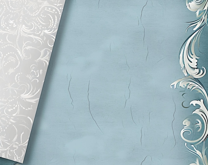 Five Beautiful Ice Blue Silk Damask Background/Writing Papers to Download and Print at Home, 8.5 x 11