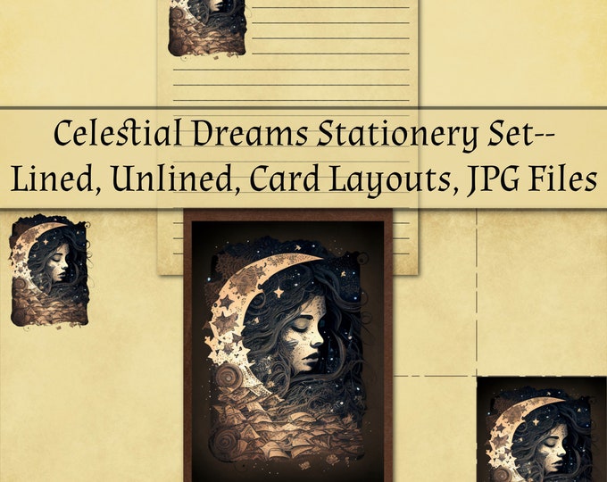 Celestial Dreams Stationery Set--Instant Download--Lined and Unlined Papers, Large Card Format, Print and Fold--JPG Files