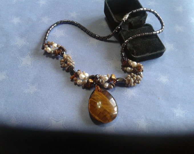 Vintage Artisan Statement Necklace of Tiger Eye, Simulated Hematite, Freshwater Pearl, and Tiny Shells