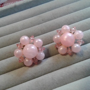 Pink Beaded Cluster Clip On Earrings