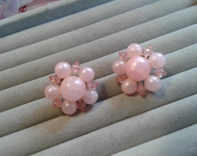 Pink Beaded Cluster Clip On Earrings