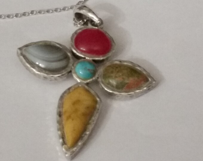 Vintage Barse Multi Stone Cross Pendant on Chain, Signed, Marked 925
