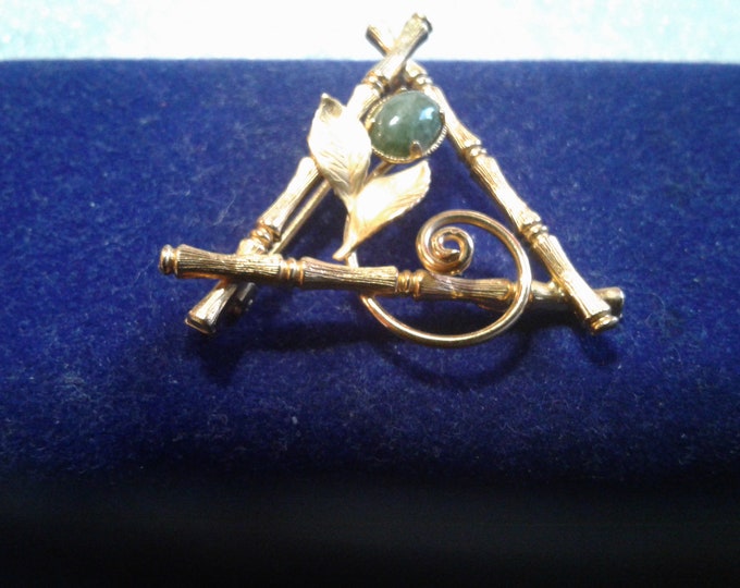 Charles Reis Co 12K GF Triangular Bamboo and Leaf Brooch with Green Jade Cabochon, Signed CRCO