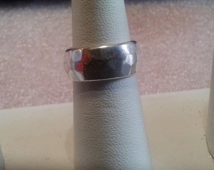 Sterling Silver Hammered Wide Band Wedding Ring, Marked 925 MWS Mexico, Size 7