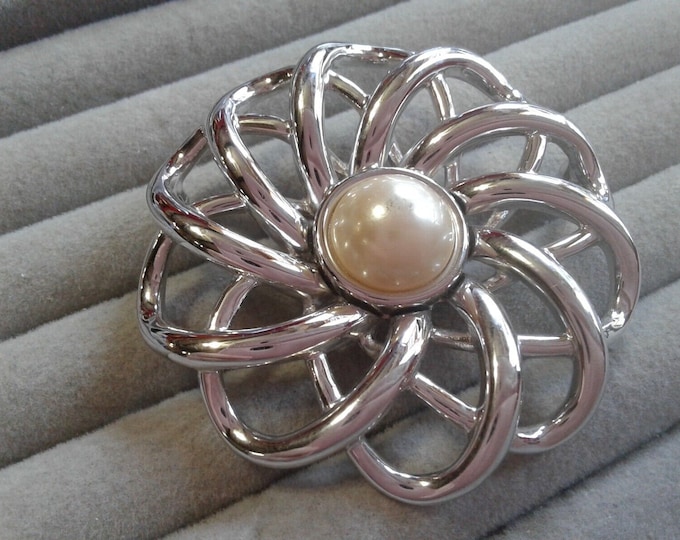 Monet Silvertone and Faux Pearl Floral Brooch, Signed