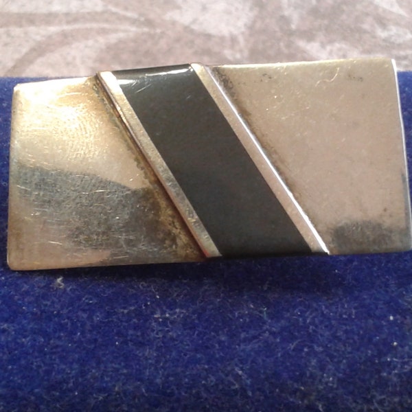 Sterling Silver and Onyx Small Artist Made Geometric Bar Brooch, Marked Sterling