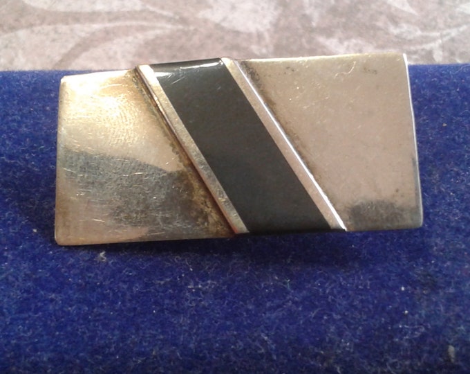 Sterling Silver and Onyx Small Artist Made Geometric Bar Brooch, Marked Sterling