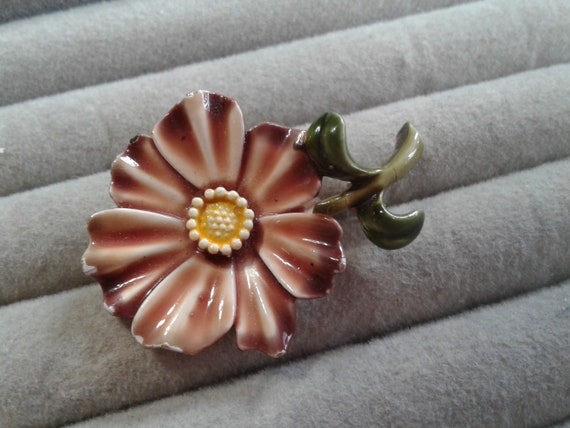 Hargo Green and Brown Enamel Flower Pin, - image 3