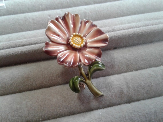 Hargo Green and Brown Enamel Flower Pin, - image 1