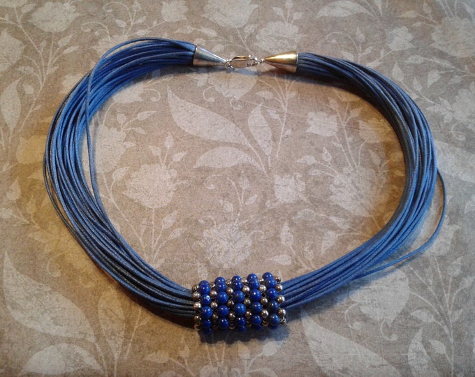 Sterling Silver, Lapis Lazuli, and Waxed Linen Cord Choker Necklace, Marked 925