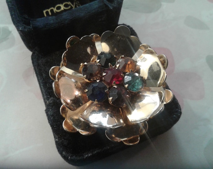 Fruit Salad Rhinestone and Goldtone Floral Brooch, Possible Old Repair