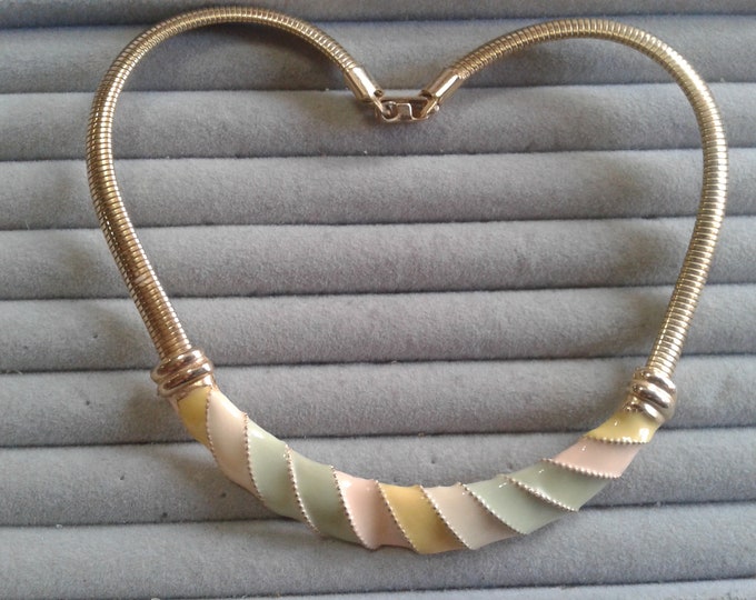 Don-Lin Goldtone Peach, Yellow, Pale Green Enamel Choker Bib Necklace, Signed Lin