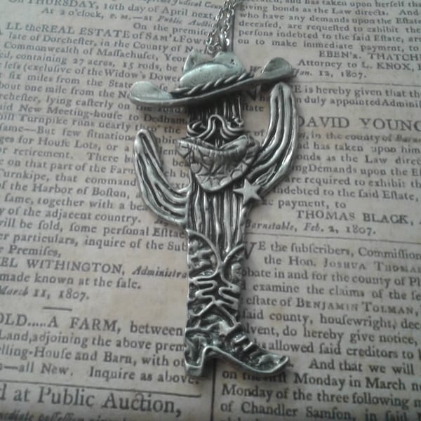 Marcie Preisler Signed Pewter Sheriff Cactus Artisan Necklace on Silvertone Chain