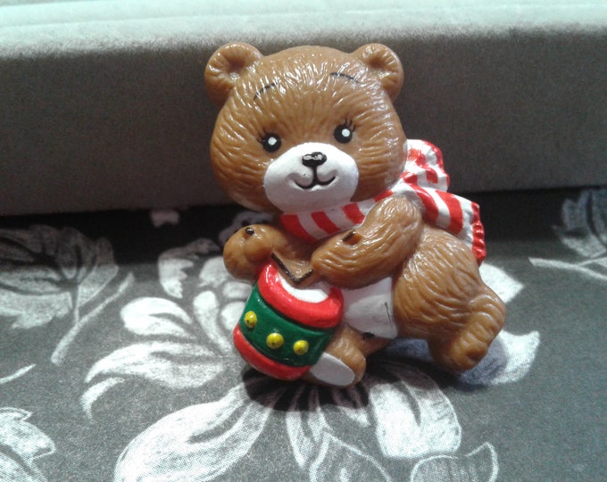 Russ Teddy Bear with Drum Molded Plastic Christmas Pin, Signed
