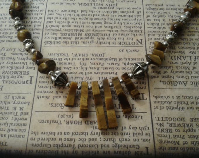 Vintage Handmade Grunge Tiger Eye Fan and Chip Necklae with Mixed Metal Beads, Some Likely Silver