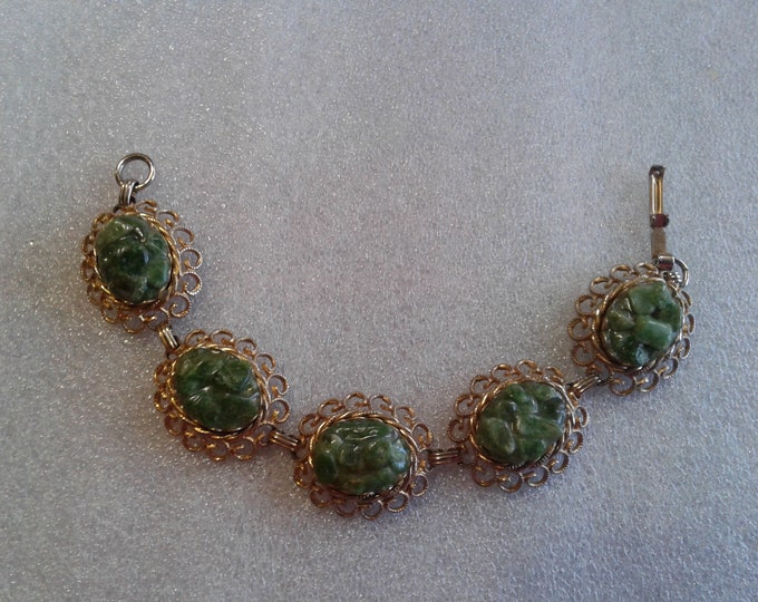 Greenstone Chip in Resin Oval Link Bracelet, Goldtone, Possibly Nephrite