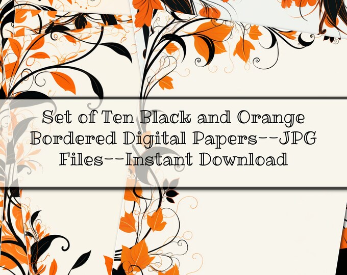 Ten Black and Orange Bordered Digital Papers--Commercial Use--300 DPI--8 1/2 x 11--Instant Download