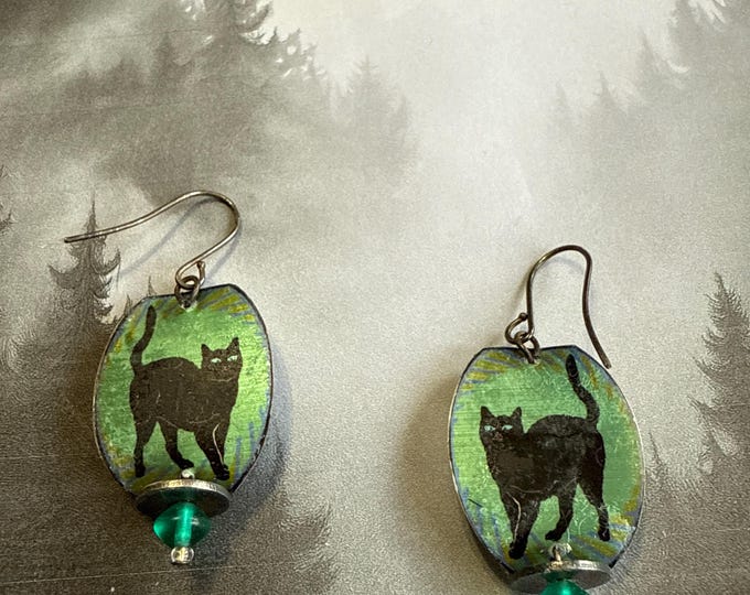 Black Cat Lantern on Green Metal and Glass likely Artist Made Dangle Earrings