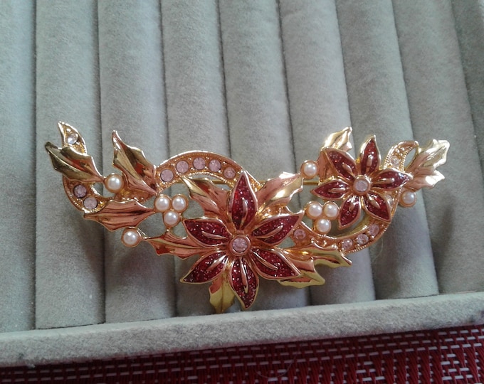 Poinsettia and Holly Swag in Goldtone with Red Glitter Enamel, Rhinestones, and Faux Pearl Pin Brooch
