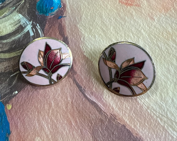 Sitt pink oval, floral and enamel post back button earrings, signed