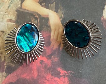 Orecchini a clip ovali oversize in conchiglia di abalone vintage color argento con design radioso - Italia Orecchini a clip ovali oversize in conchiglia di abalone vintage color argento con design radioso - Italia