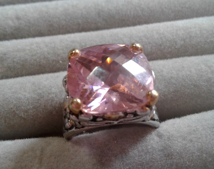 Pink Ice Cubic Zirconia Solitaire Cushion Cut Duotone Ring, Size 7
