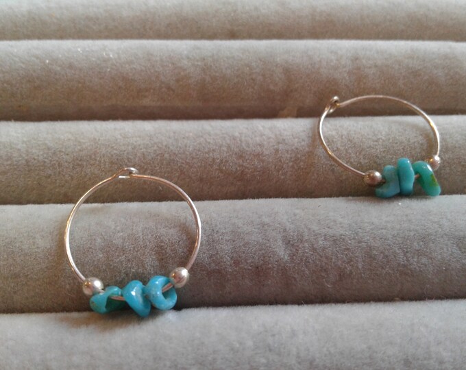 Unmarked Silver and Turquoise Tiny Beaded Latch Hoops