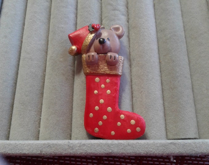 Cast Resin Teddy Bear in Stocking Pin with Gilded Accents