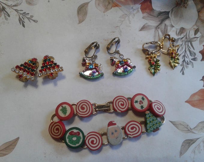 Selection of Vintage Novelty Christmas Jewelry, Your Choice, Clip Earrings and Bracelet