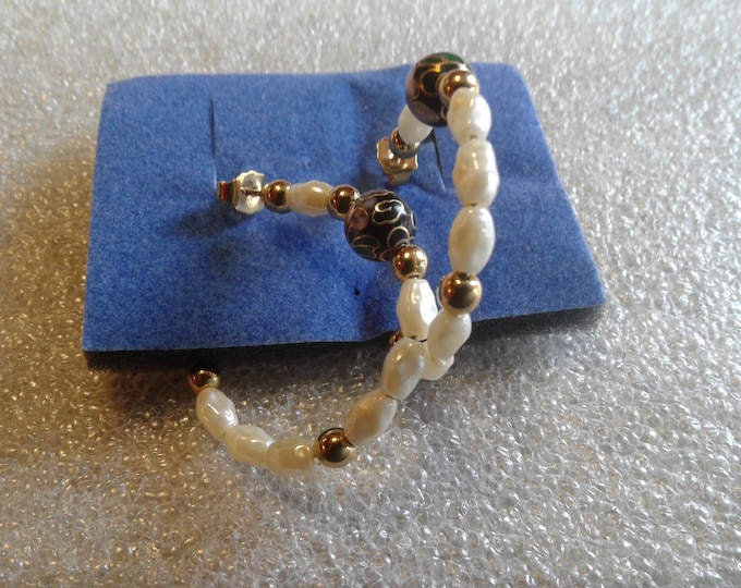 Avon Post Back Open Hoops Strung wih Faux Pearl and Cloisonne Beads, Signed Ear Nuts