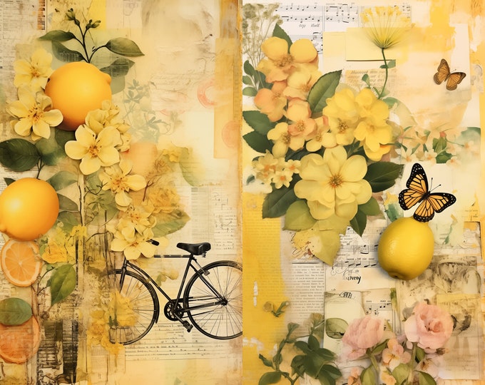 Charming Lemons Collage Background/Junk Journal Pages to Print at Home, 10 Designs. 5 Sheets