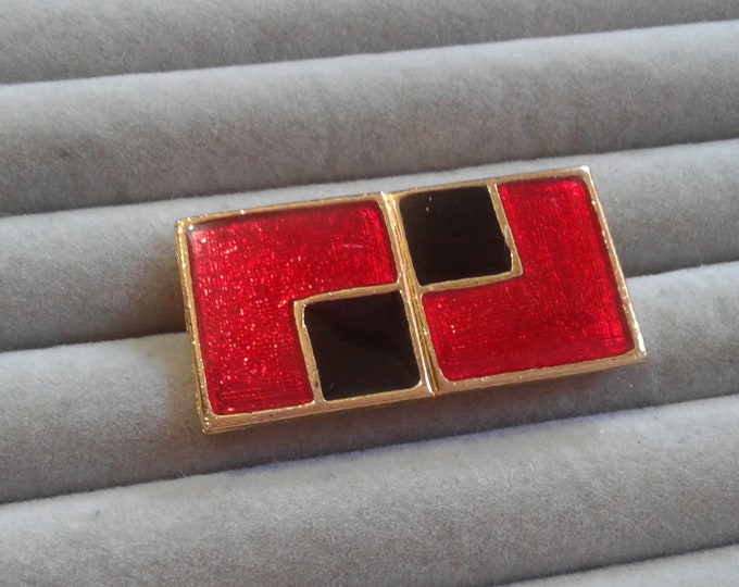 Small Red and Black Enamel Geometric Brooch