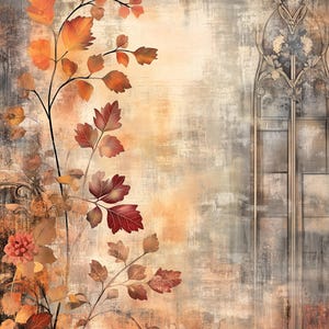 Peut inclure: Une peinture numérique d'un arrangement floral stylisé avec des feuilles orange, rouges et jaunes sur un fond texturé. L'arrière-plan présente un design architectural estompé, gris et brun.