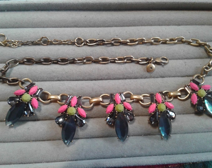 J Crew Statement Necklace of Montana Blue, Opaque Hot Pink, and Opaque Lime Rhinestones in Antiqued Goldtone, Signed
