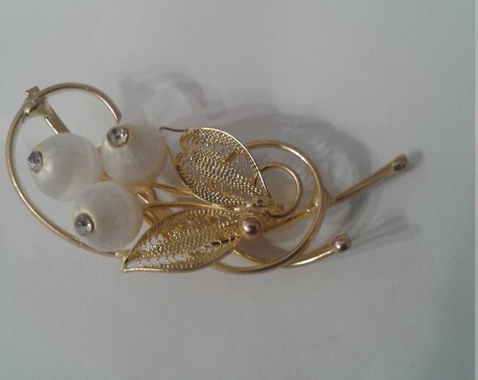 Goldtone Filigree Leaf Brooch With "Buds" of Rhinestone Topped Satin Finished Plastic