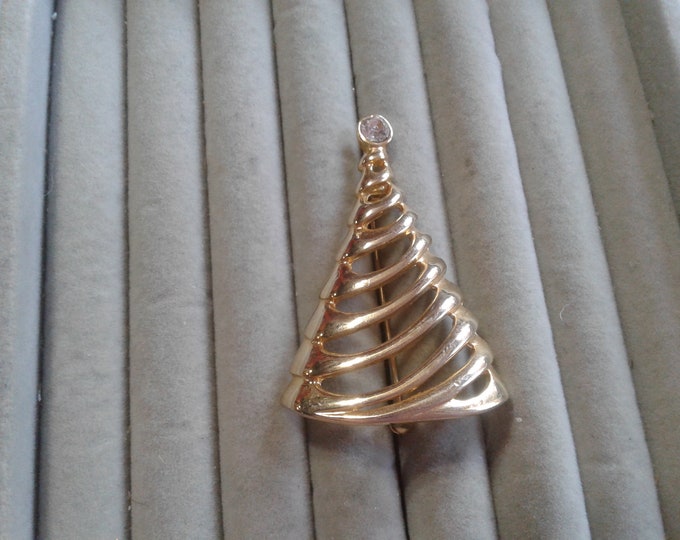 Danecraft Abstract Swirled Christmas Tree with Rhinestone, Goldtone, Signed