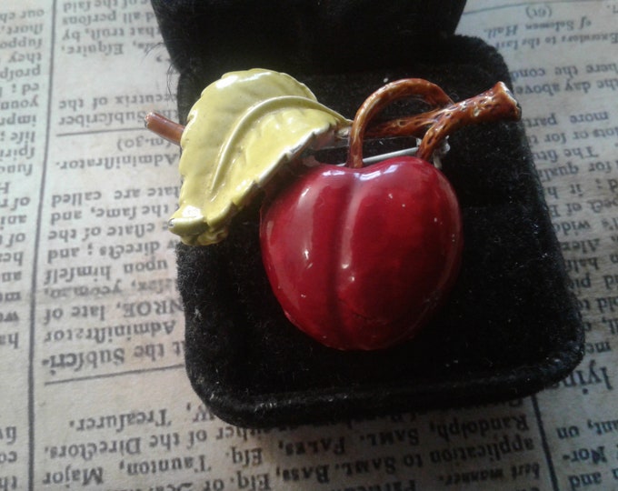 Colored over White Enamel Cherry with Leaf and Branch Brooch
