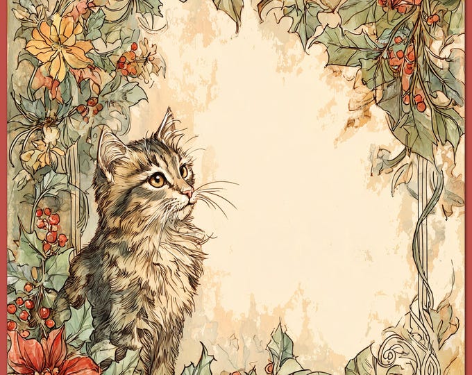 Five Victorian Cat Christmas Winter Holiday Bordered Digital Papers/Backgrounds for Instant Download
