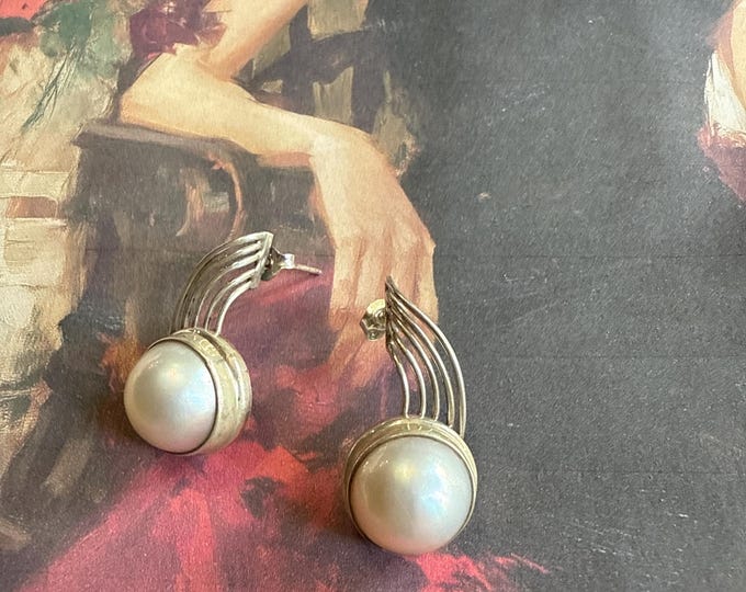 Sterling Silver and Large Button Pearl Post Modernist Brutalist Comet Shaped Post Back Earrings, 925