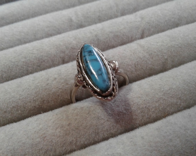 Silvertone and Faux Turquoise Marquise Adjustable Ring, Two Styles, Currently Size 6