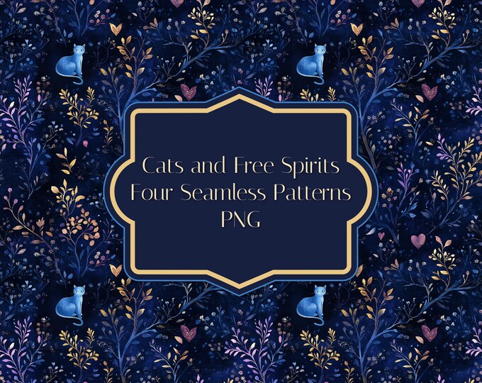 Cats and Free Spirits--Four Beautiful Boho Seamless Patterns--Suitable for Sublimation--Commercial--12x12--300 DPI--PNG