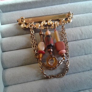 Architectural Style Goldtone Bar Brooch with Chain and Art Glass Bead Dangles image 3