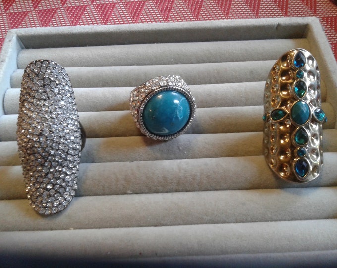 Oversized Metal, Rhinestone, and Faux Turquoise Nineties Fashion Rings, Your Choice, Sizes 5, 6, 10, New Style Added!
